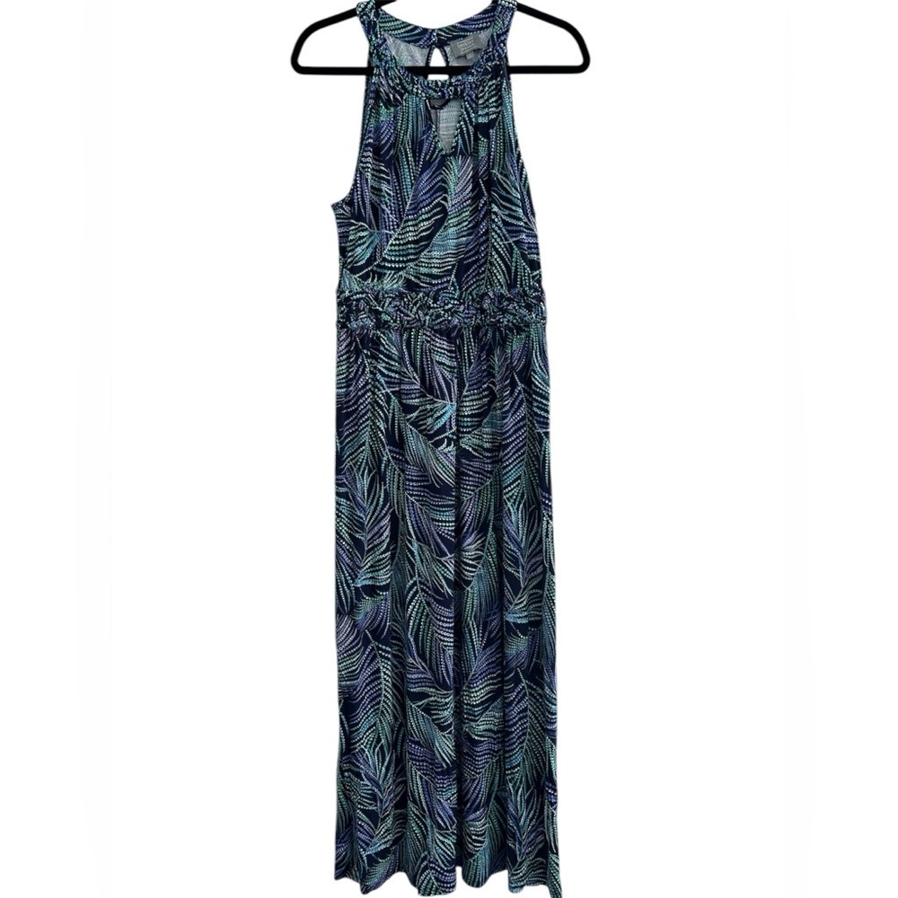 Berkley Jensen Braided Blue Palm Print Halter Maxi Dress Sz Large